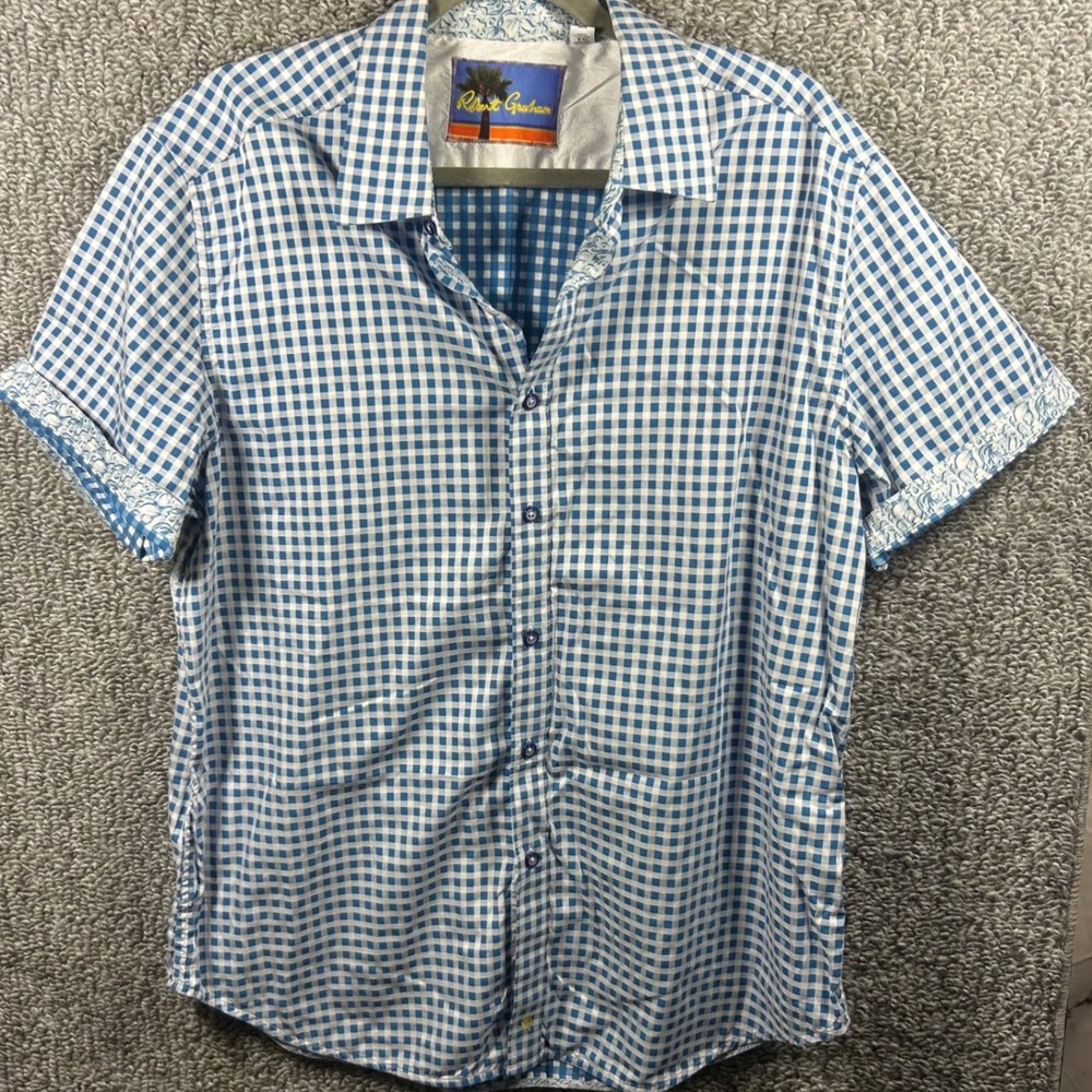 Robert Graham Button Down Shirt Blue Gingham Contrast Trim Mens XL